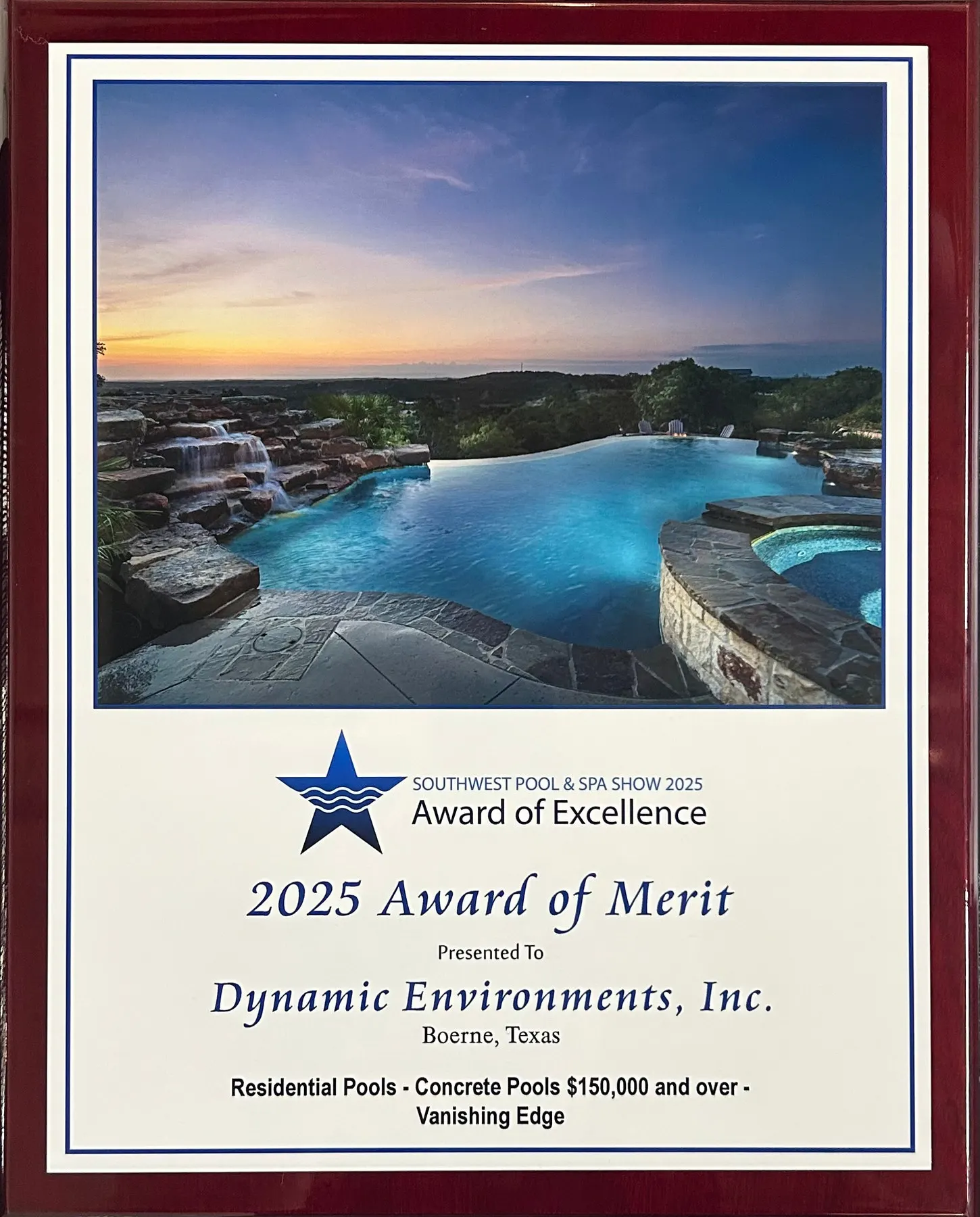 2025 Award of Merit plaque — Southwest Pool & Spa Show — Award of Excellence, presented to Dynamic Environments