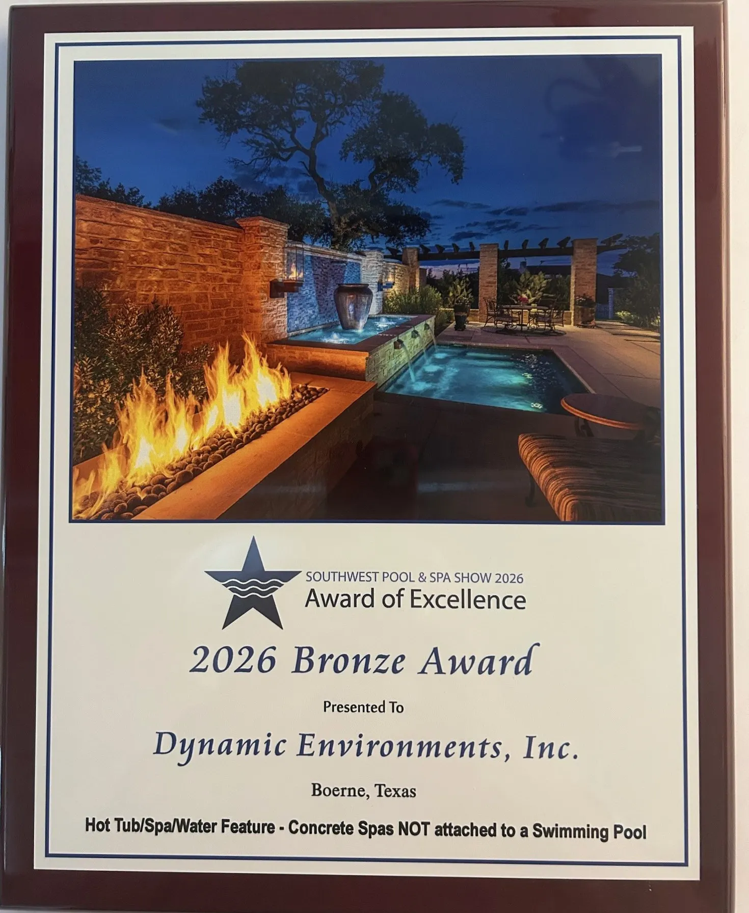 2026 Bronze Award plaque — Southwest Pool & Spa Show — Award of Excellence, presented to Dynamic Environments