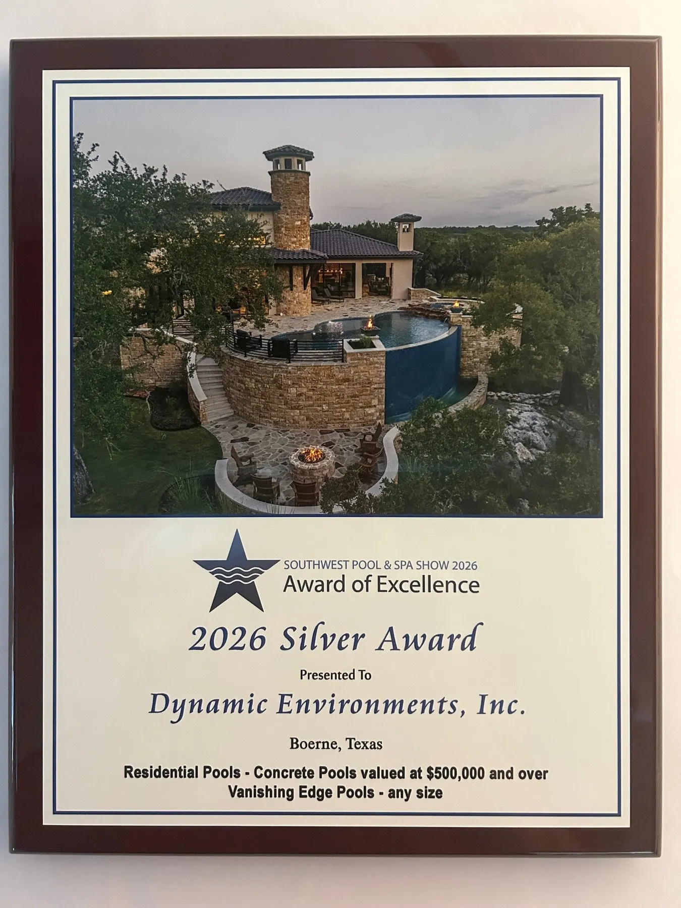2026 Silver Award plaque — Southwest Pool & Spa Show — Award of Excellence, presented to Dynamic Environments